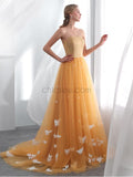 Elegant Strapless Pastel Orange Tulle A Line Long Evening Prom Dresses, XDM1140