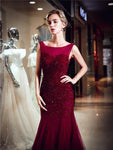 Gorgeous Burgundy Tulle Mermaid Beaded Long Evening Prom Dresses XDM1151