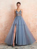 Simple Spaghetti Strap V Neck Tulle A Line Long Evening Prom Dresses, XDM1186