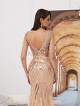 Sparkly V Neck Sleeveless Sequin Mermaid Long Prom Dresses, XDM1131