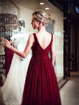 Burgundy V Neck Tulle A Line Beaded Long Evening Prom Dresses ,XDM1150