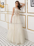 A-line Tulle Sleeveless Long Evening Prom Dresses SDP1144