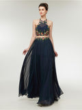 Two-pieces Navy A-line Halter Long Evening Prom Dresses SDP1145