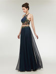 Two-pieces Navy A-line Halter Long Evening Prom Dresses SDP1145