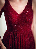 Burgundy V Neck Tulle A Line Beaded Long Evening Prom Dresses ,XDM1150