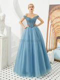 Pretty Off Shoulder Tulle A Line Lace Top Long Evening Prom Dresses, XDM1190