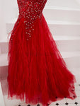 Elegant Red Tulle Lace Applique Beaded Mermaid Long Evening Prom Dresses, XDM1134