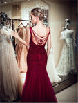 Gorgeous Burgundy Tulle Mermaid Beaded Long Evening Prom Dresses XDM1151