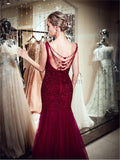 Gorgeous Burgundy Tulle Mermaid Beaded Long Evening Prom Dresses XDM1151