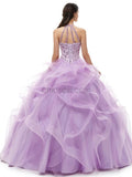 Halter Lilac Organza Lace Up Ball Gown Long Evening Prom Dresses , XDM1174