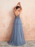 Simple Spaghetti Strap V Neck Tulle A Line Long Evening Prom Dresses, XDM1186