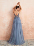 Simple Spaghetti Strap V Neck Tulle A Line Long Evening Prom Dresses, XDM1186