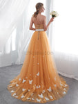 Elegant Strapless Pastel Orange Tulle A Line Long Evening Prom Dresses, XDM1140