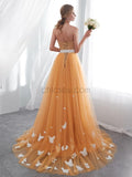 Elegant Strapless Pastel Orange Tulle A Line Long Evening Prom Dresses, XDM1140