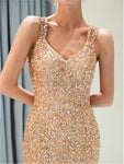 Sparkly V Neck Sleeveless Beades Mermaid Long Evening Prom Dresses, XDM1148