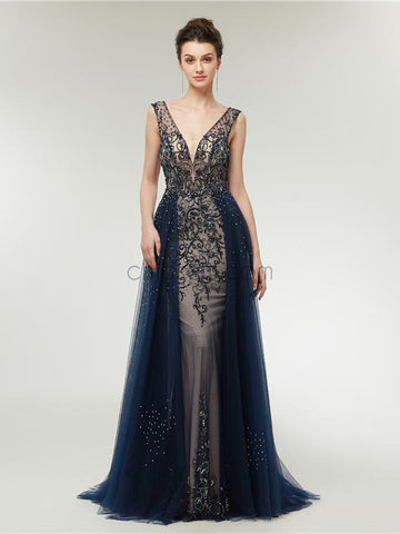 V-neck Open Back Elegant Long Evening Prom Dresses SDP1146