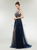 V-neck Open Back Elegant Long Evening Prom Dresses SDP1146