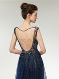 V-neck Open Back Elegant Long Evening Prom Dresses SDP1146