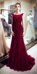 Gorgeous Burgundy Tulle Mermaid Beaded Long Evening Prom Dresses XDM1151