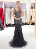 Sparkly V Neck Sleeveless Beades Mermaid Long Evening Prom Dresses, XDM1148