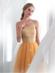 Elegant Strapless Pastel Orange Tulle A Line Long Evening Prom Dresses, XDM1140