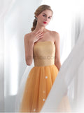 Elegant Strapless Pastel Orange Tulle A Line Long Evening Prom Dresses, XDM1140