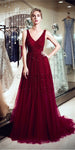 Burgundy V Neck Tulle A Line Beaded Long Evening Prom Dresses ,XDM1150