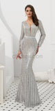 Sparkly Long Sleeves Silver Sequin Floor Length Mermaid Long Prom Dresses, XDM1135