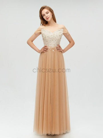 Off the Shoulder Tulle A-line Long Prom Dress SDP1103