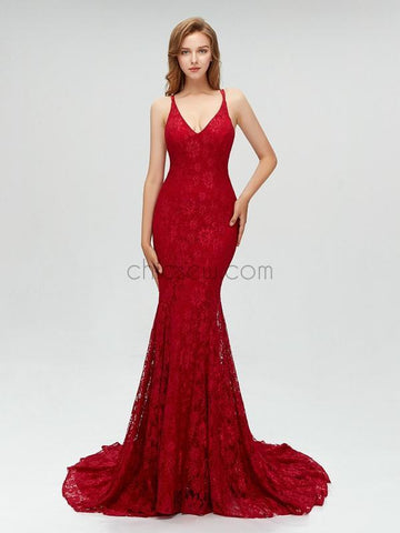Red Mermaid Lace Open Back Long Prom Dresses SDP1107