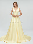 Simple V-neck A-line Yellow Long Prom Dresses SDP1112