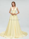 Simple V-neck A-line Yellow Long Prom Dresses SDP1112