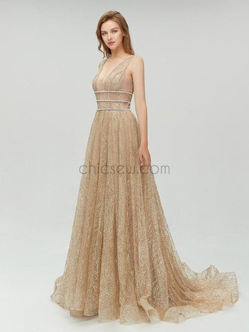 Sparkly A-line Open Back Long Evening Prom Dresses SDP1109