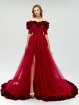 Off the Shoulder Short Sleeves Tulle Long Prom Dresses SDP1113