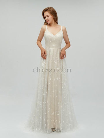 Tulle A-line Long Prom Dress, Cheap Simple Wedding Dress SDP1104