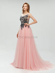 A-line Pink Beaded Tulle Long Evening Prom Dresses SDP1114