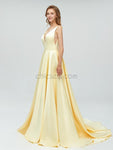 Simple V-neck A-line Yellow Long Prom Dresses SDP1112