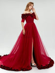 Off the Shoulder Short Sleeves Tulle Long Prom Dresses SDP1113