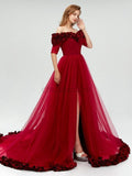 Off the Shoulder Short Sleeves Tulle Long Prom Dresses SDP1113