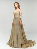 A-line Sparkly Sequins V-neck Long Prom Dresses SDP1111