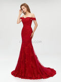 Off the Shoulder Red Mermaid Lace Long Prom Dresses SDP1106