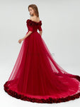 Off the Shoulder Short Sleeves Tulle Long Prom Dresses SDP1113