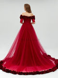 Off the Shoulder Short Sleeves Tulle Long Prom Dresses SDP1113