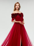 Off the Shoulder Short Sleeves Tulle Long Prom Dresses SDP1113