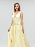 Simple V-neck A-line Yellow Long Prom Dresses SDP1112