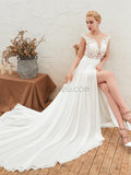 Cap Sleeve Round Neck Lace A-line Slit Popular Wedding Dresses, YKX080