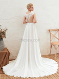 Cap Sleeve Round Neck Lace A-line Slit Popular Wedding Dresses, YKX080