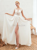 Cap Sleeve Round Neck Lace A-line Slit Popular Wedding Dresses, YKX080