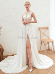 Cap Sleeve Round Neck Lace A-line Slit Popular Wedding Dresses, YKX080