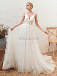 A-line Lace V-neck Backless Tulle Newest Wedding Dresses, YKX082